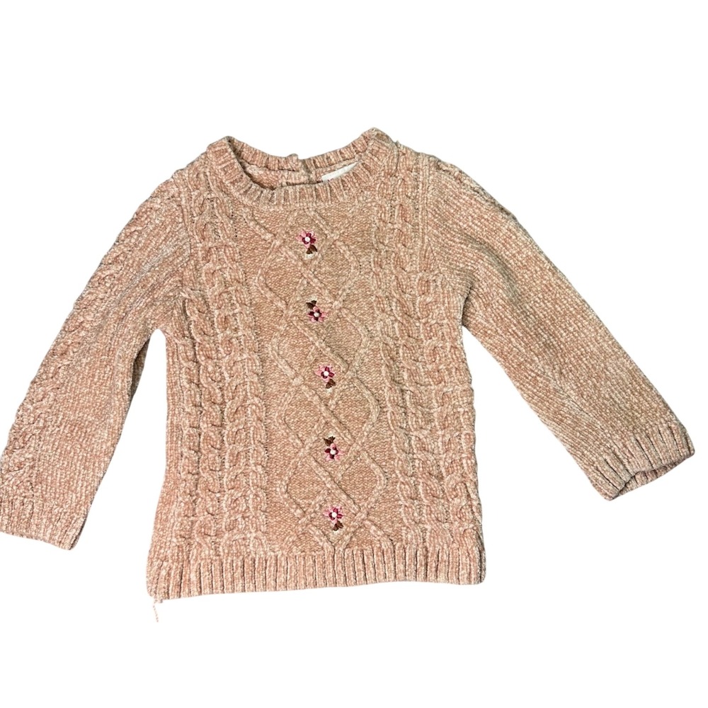 Little Lass Chenille Cable Knit Floral Embroidered Sweater Coquette 3T Pink